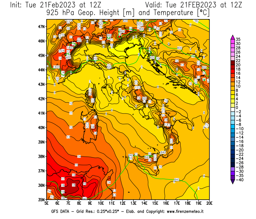 Mappa di analisi GFS - Geopotenziale [m] e Temperatura [°C] a 925 hPa in Italia
							del 21/02/2023 12 <!--googleoff: index-->UTC<!--googleon: index-->
