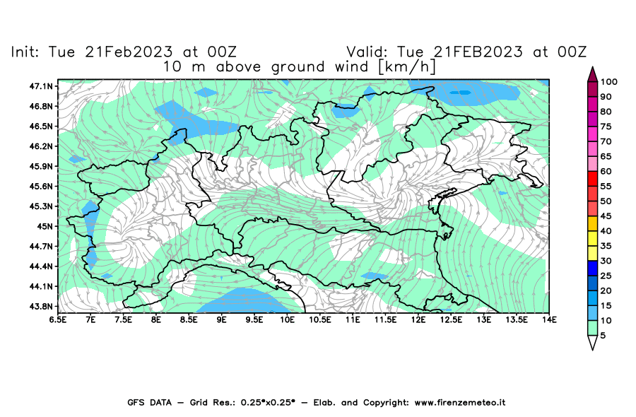 Mappa di analisi GFS - Velocità del vento a 10 metri dal suolo [km/h] in Nord-Italia
							del 21/02/2023 00 <!--googleoff: index-->UTC<!--googleon: index-->