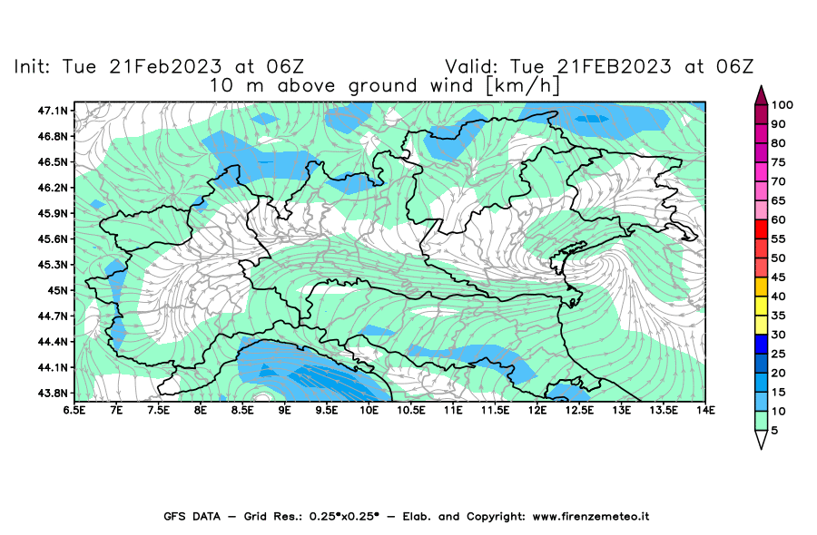 Mappa di analisi GFS - Velocità del vento a 10 metri dal suolo [km/h] in Nord-Italia
							del 21/02/2023 06 <!--googleoff: index-->UTC<!--googleon: index-->