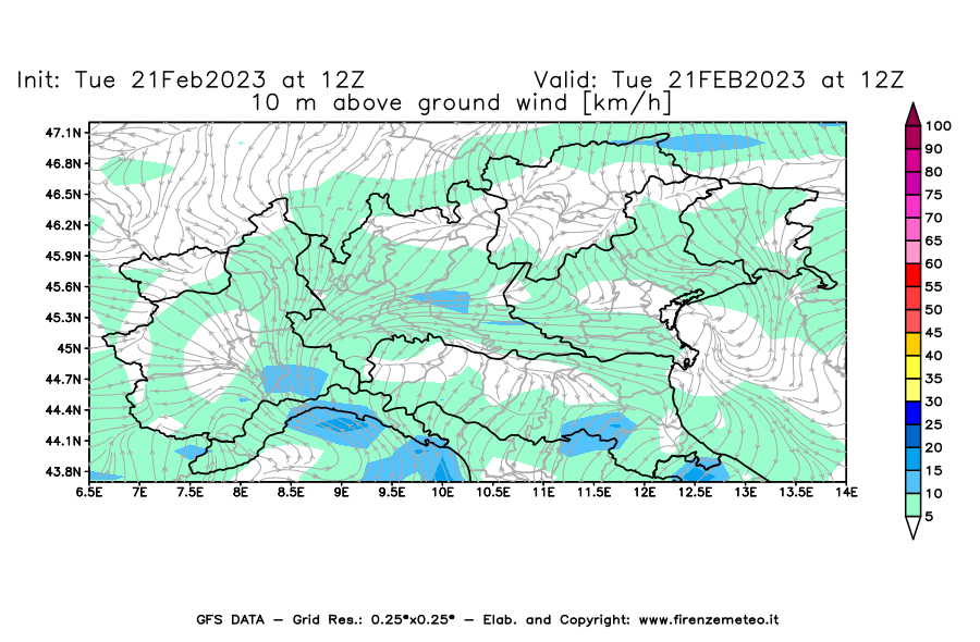 Mappa di analisi GFS - Velocità del vento a 10 metri dal suolo [km/h] in Nord-Italia
							del 21/02/2023 12 <!--googleoff: index-->UTC<!--googleon: index-->