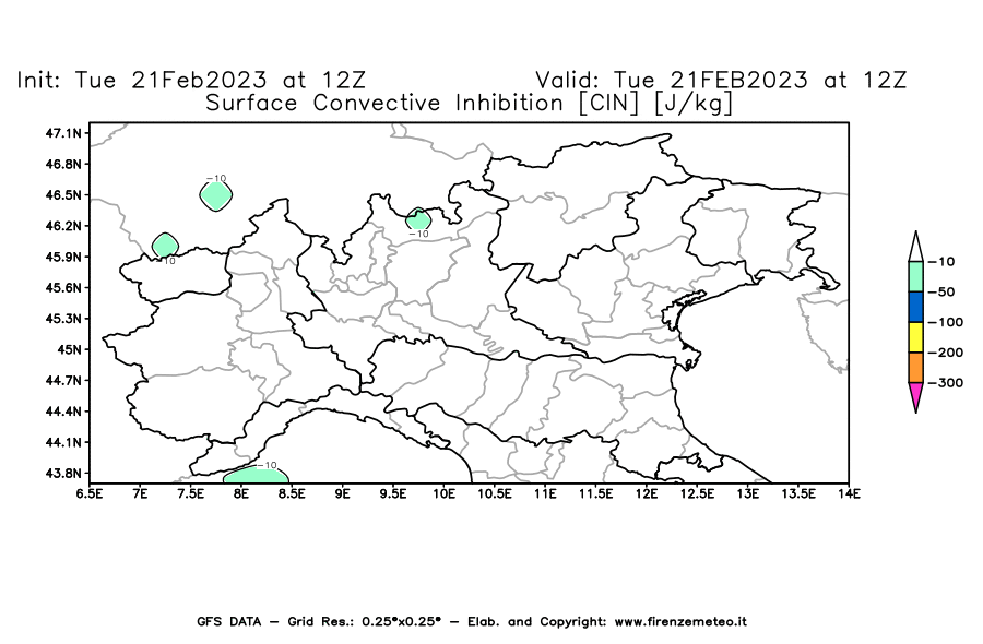 Mappa di analisi GFS - CIN [J/kg] in Nord-Italia
							del 21/02/2023 12 <!--googleoff: index-->UTC<!--googleon: index-->