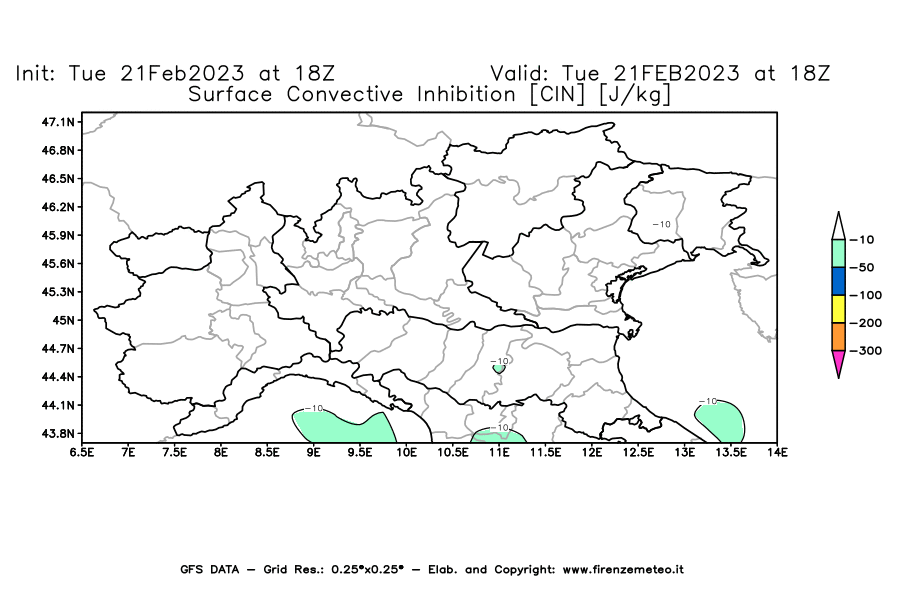 Mappa di analisi GFS - CIN [J/kg] in Nord-Italia
							del 21/02/2023 18 <!--googleoff: index-->UTC<!--googleon: index-->