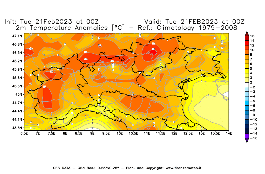 Mappa di analisi GFS - Anomalia Temperatura [°C] a 2 m in Nord-Italia
							del 21/02/2023 00 <!--googleoff: index-->UTC<!--googleon: index-->