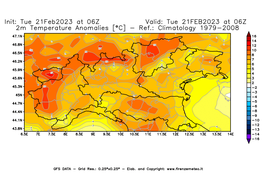 Mappa di analisi GFS - Anomalia Temperatura [°C] a 2 m in Nord-Italia
							del 21/02/2023 06 <!--googleoff: index-->UTC<!--googleon: index-->