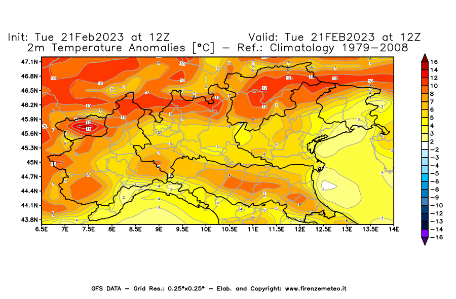 Mappa di analisi GFS - Anomalia Temperatura [°C] a 2 m in Nord-Italia
							del 21/02/2023 12 <!--googleoff: index-->UTC<!--googleon: index-->