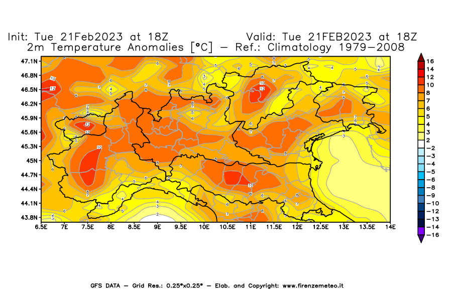 Mappa di analisi GFS - Anomalia Temperatura [°C] a 2 m in Nord-Italia
							del 21/02/2023 18 <!--googleoff: index-->UTC<!--googleon: index-->
