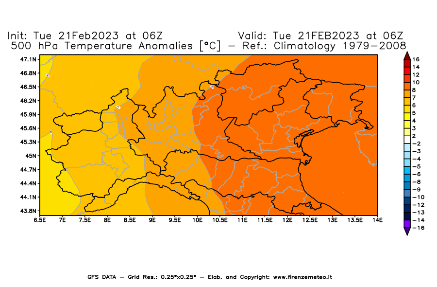Mappa di analisi GFS - Anomalia Temperatura [°C] a 500 hPa in Nord-Italia
							del 21/02/2023 06 <!--googleoff: index-->UTC<!--googleon: index-->