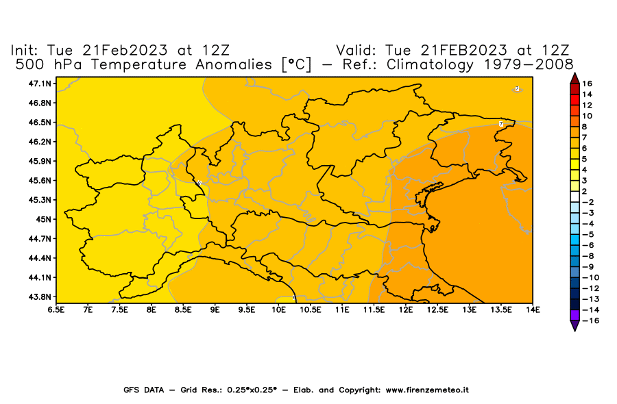 Mappa di analisi GFS - Anomalia Temperatura [°C] a 500 hPa in Nord-Italia
							del 21/02/2023 12 <!--googleoff: index-->UTC<!--googleon: index-->