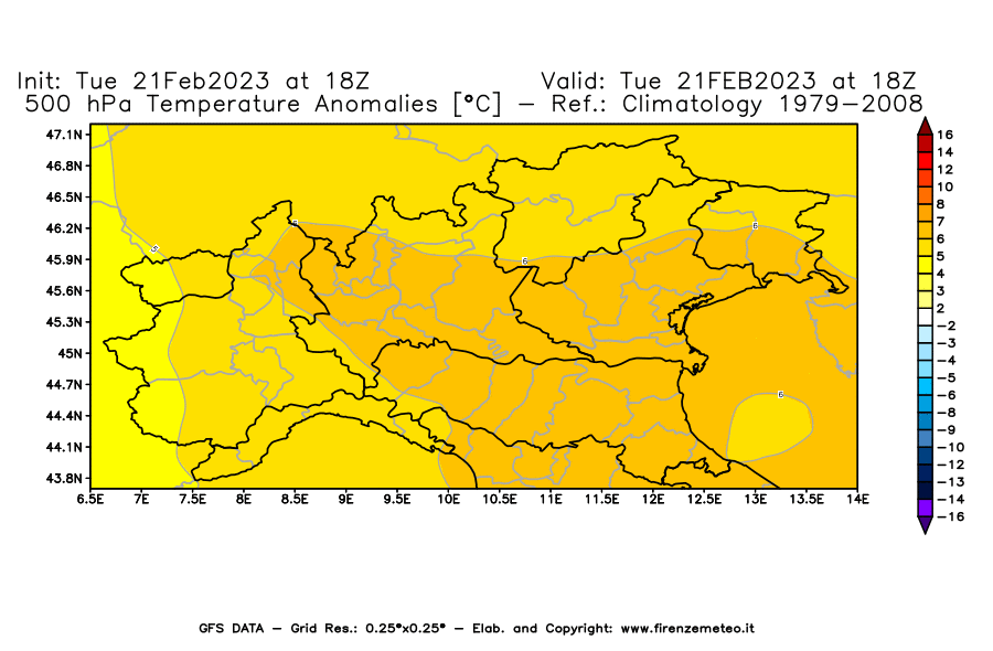 Mappa di analisi GFS - Anomalia Temperatura [°C] a 500 hPa in Nord-Italia
							del 21/02/2023 18 <!--googleoff: index-->UTC<!--googleon: index-->