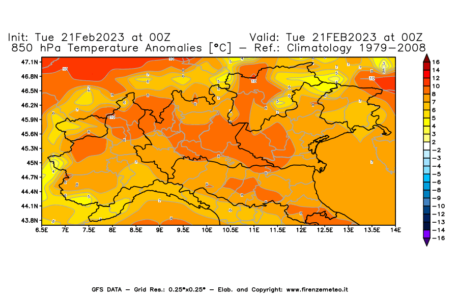 Mappa di analisi GFS - Anomalia Temperatura [°C] a 850 hPa in Nord-Italia
							del 21/02/2023 00 <!--googleoff: index-->UTC<!--googleon: index-->