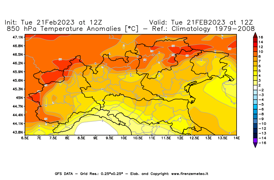 Mappa di analisi GFS - Anomalia Temperatura [°C] a 850 hPa in Nord-Italia
							del 21/02/2023 12 <!--googleoff: index-->UTC<!--googleon: index-->