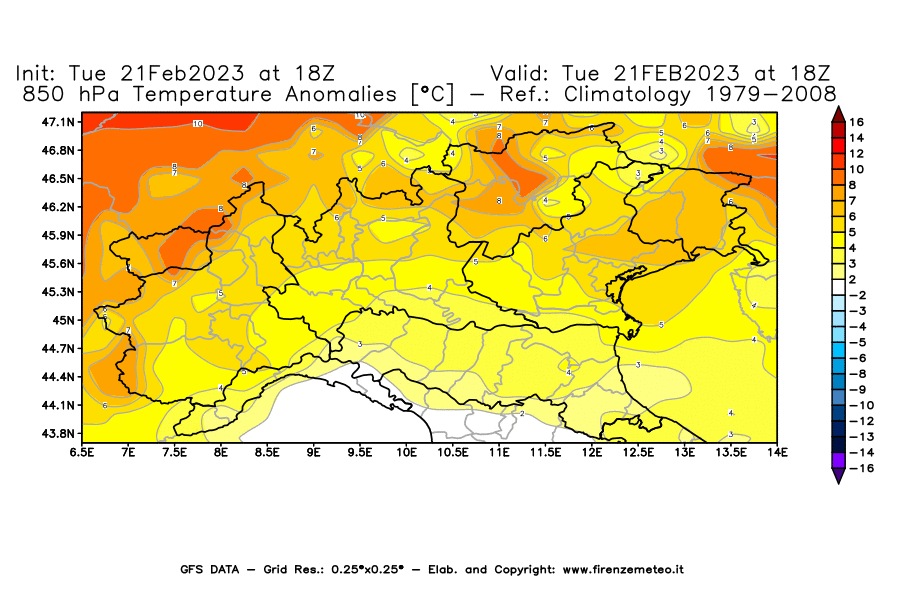Mappa di analisi GFS - Anomalia Temperatura [°C] a 850 hPa in Nord-Italia
							del 21/02/2023 18 <!--googleoff: index-->UTC<!--googleon: index-->