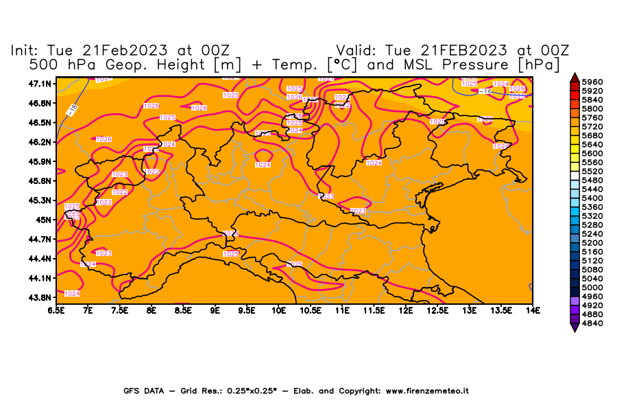 Mappa di analisi GFS - Geopotenziale [m] + Temp. [°C] a 500 hPa + Press. a livello del mare [hPa] in Nord-Italia
							del 21/02/2023 00 <!--googleoff: index-->UTC<!--googleon: index-->