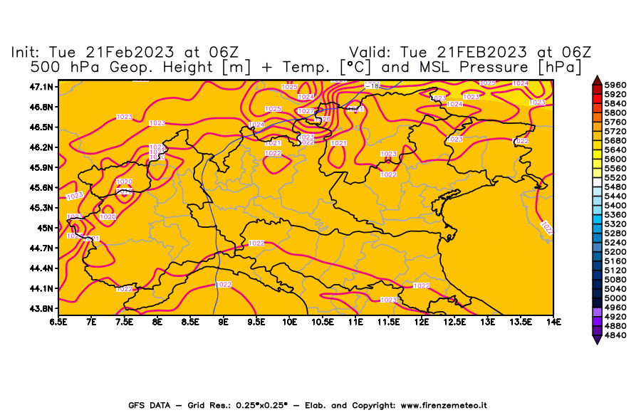 Mappa di analisi GFS - Geopotenziale [m] + Temp. [°C] a 500 hPa + Press. a livello del mare [hPa] in Nord-Italia
							del 21/02/2023 06 <!--googleoff: index-->UTC<!--googleon: index-->
