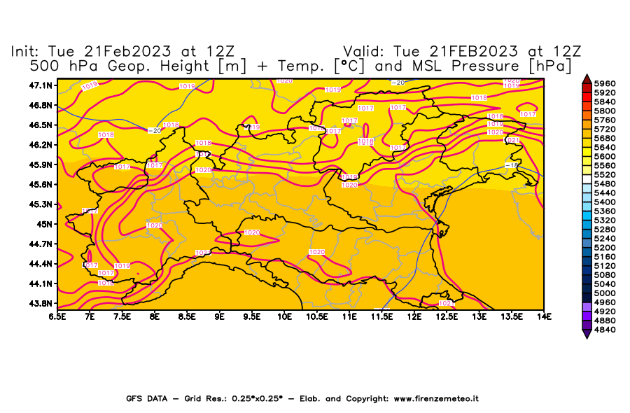 Mappa di analisi GFS - Geopotenziale [m] + Temp. [°C] a 500 hPa + Press. a livello del mare [hPa] in Nord-Italia
							del 21/02/2023 12 <!--googleoff: index-->UTC<!--googleon: index-->