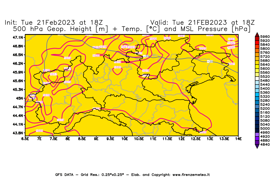Mappa di analisi GFS - Geopotenziale [m] + Temp. [°C] a 500 hPa + Press. a livello del mare [hPa] in Nord-Italia
							del 21/02/2023 18 <!--googleoff: index-->UTC<!--googleon: index-->