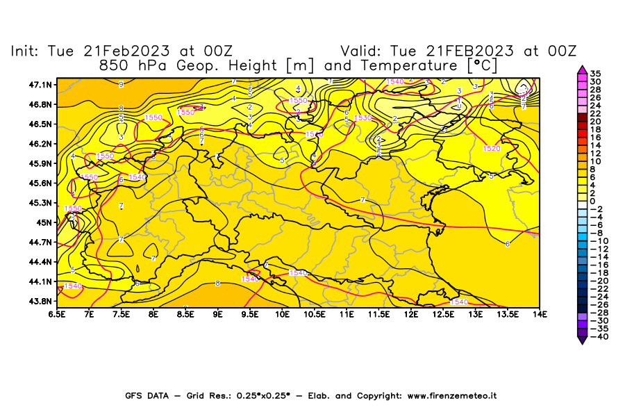 Mappa di analisi GFS - Geopotenziale [m] e Temperatura [°C] a 850 hPa in Nord-Italia
							del 21/02/2023 00 <!--googleoff: index-->UTC<!--googleon: index-->
