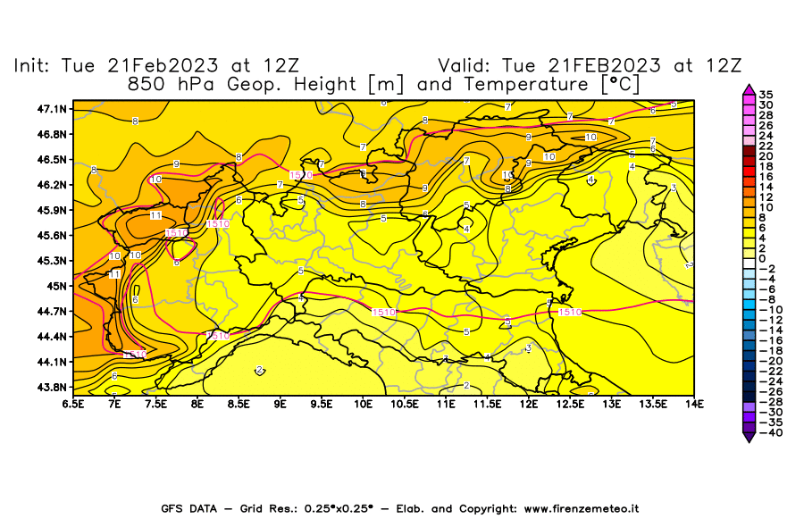 Mappa di analisi GFS - Geopotenziale [m] e Temperatura [°C] a 850 hPa in Nord-Italia
							del 21/02/2023 12 <!--googleoff: index-->UTC<!--googleon: index-->