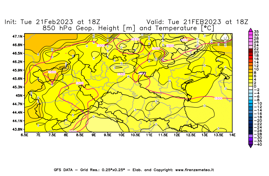 Mappa di analisi GFS - Geopotenziale [m] e Temperatura [°C] a 850 hPa in Nord-Italia
							del 21/02/2023 18 <!--googleoff: index-->UTC<!--googleon: index-->