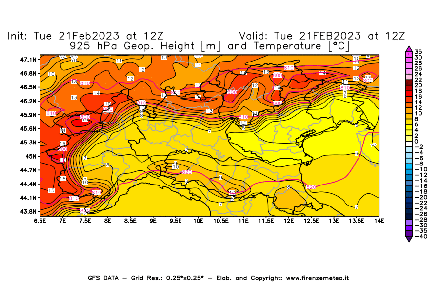 Mappa di analisi GFS - Geopotenziale [m] e Temperatura [°C] a 925 hPa in Nord-Italia
							del 21/02/2023 12 <!--googleoff: index-->UTC<!--googleon: index-->