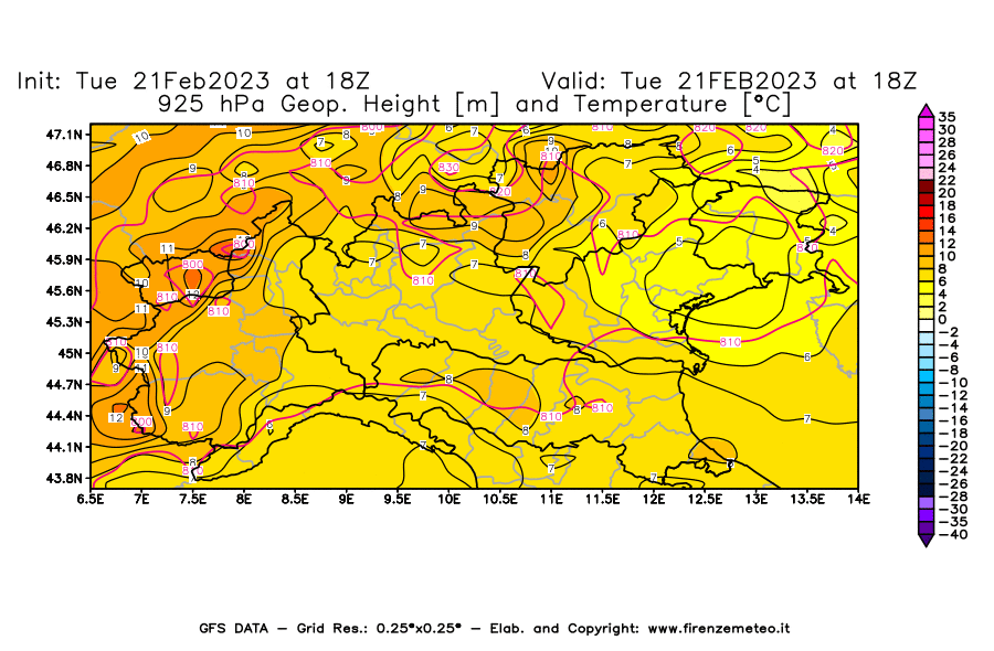 Mappa di analisi GFS - Geopotenziale [m] e Temperatura [°C] a 925 hPa in Nord-Italia
							del 21/02/2023 18 <!--googleoff: index-->UTC<!--googleon: index-->