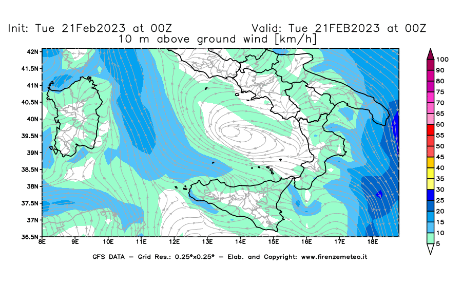 Mappa di analisi GFS - Velocità del vento a 10 metri dal suolo [km/h] in Sud-Italia
							del 21/02/2023 00 <!--googleoff: index-->UTC<!--googleon: index-->
