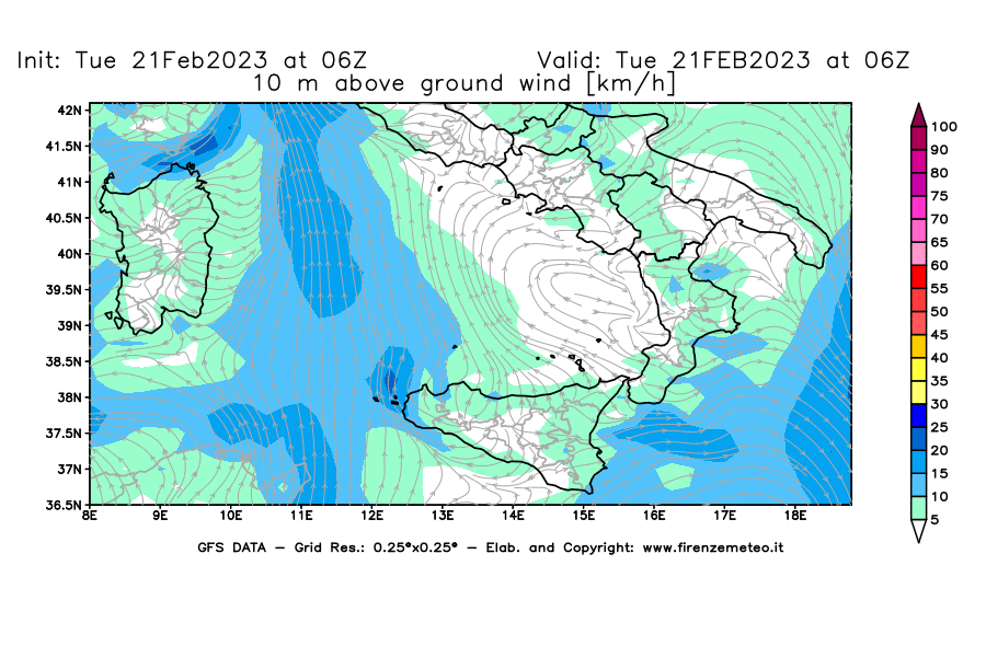 Mappa di analisi GFS - Velocità del vento a 10 metri dal suolo [km/h] in Sud-Italia
							del 21/02/2023 06 <!--googleoff: index-->UTC<!--googleon: index-->
