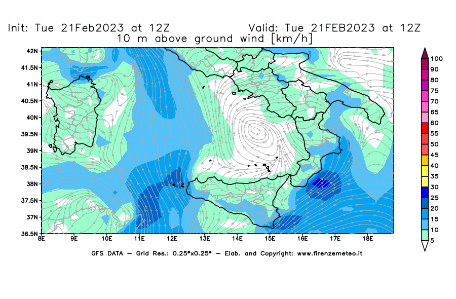 Mappa di analisi GFS - Velocità del vento a 10 metri dal suolo [km/h] in Sud-Italia
							del 21/02/2023 12 <!--googleoff: index-->UTC<!--googleon: index-->