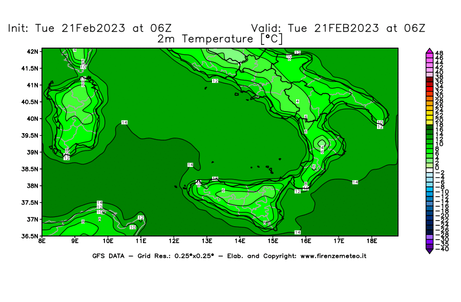 Mappa di analisi GFS - Temperatura a 2 metri dal suolo [°C] in Sud-Italia
							del 21/02/2023 06 <!--googleoff: index-->UTC<!--googleon: index-->
