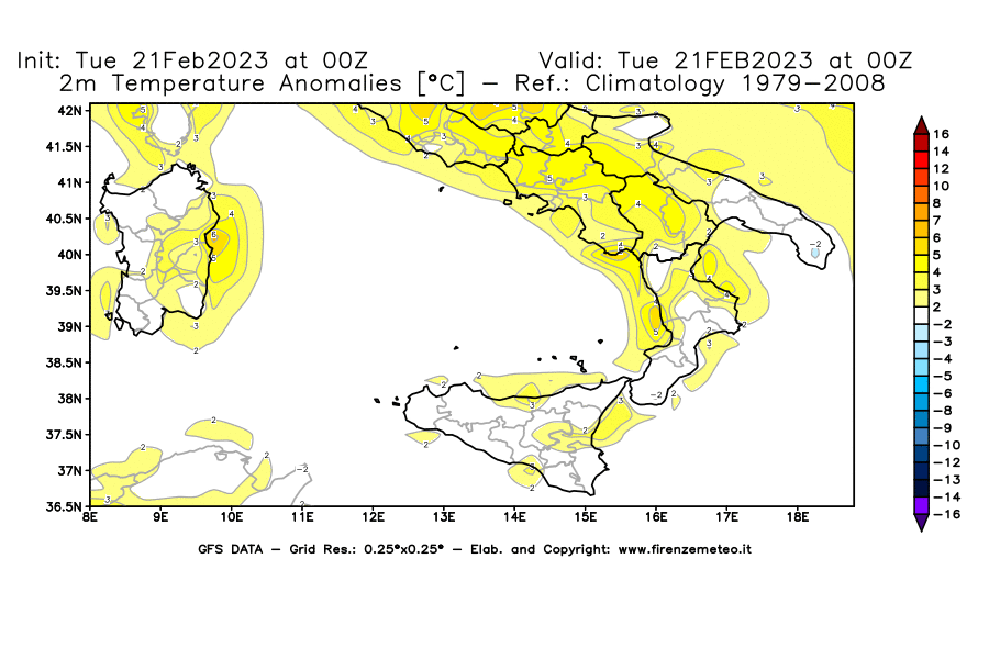 Mappa di analisi GFS - Anomalia Temperatura [°C] a 2 m in Sud-Italia
							del 21/02/2023 00 <!--googleoff: index-->UTC<!--googleon: index-->