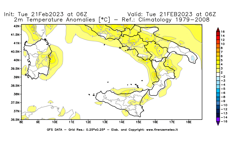 Mappa di analisi GFS - Anomalia Temperatura [°C] a 2 m in Sud-Italia
							del 21/02/2023 06 <!--googleoff: index-->UTC<!--googleon: index-->