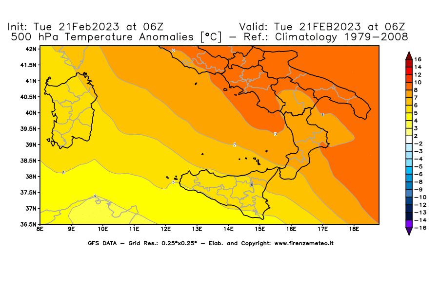 Mappa di analisi GFS - Anomalia Temperatura [°C] a 500 hPa in Sud-Italia
							del 21/02/2023 06 <!--googleoff: index-->UTC<!--googleon: index-->