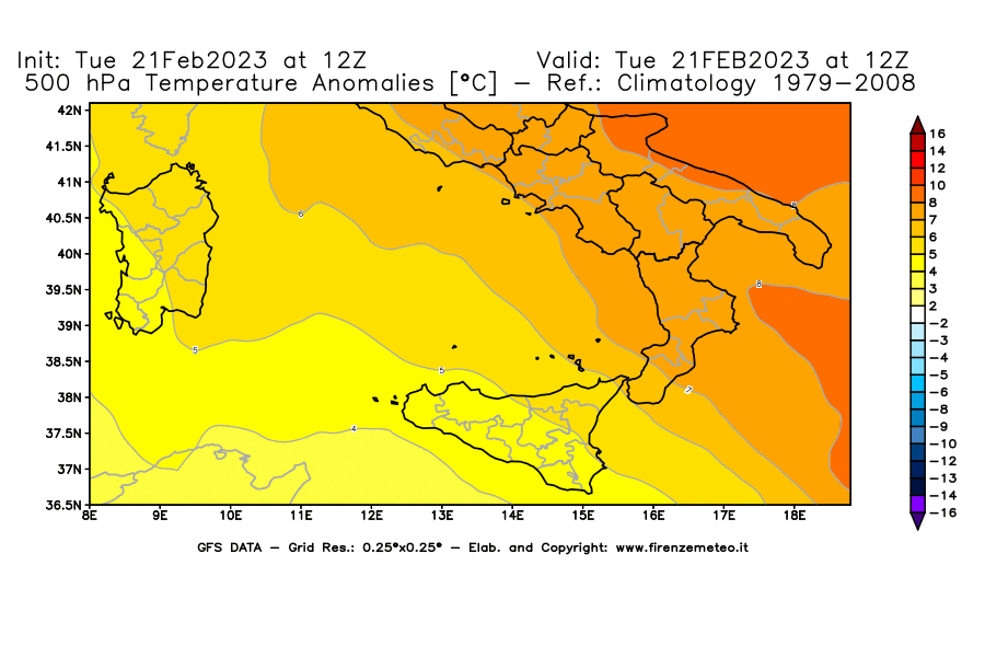 Mappa di analisi GFS - Anomalia Temperatura [°C] a 500 hPa in Sud-Italia
							del 21/02/2023 12 <!--googleoff: index-->UTC<!--googleon: index-->