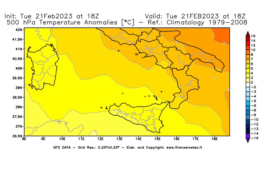 Mappa di analisi GFS - Anomalia Temperatura [°C] a 500 hPa in Sud-Italia
							del 21/02/2023 18 <!--googleoff: index-->UTC<!--googleon: index-->
