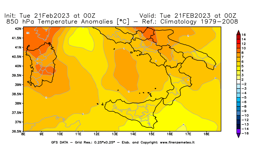Mappa di analisi GFS - Anomalia Temperatura [°C] a 850 hPa in Sud-Italia
							del 21/02/2023 00 <!--googleoff: index-->UTC<!--googleon: index-->