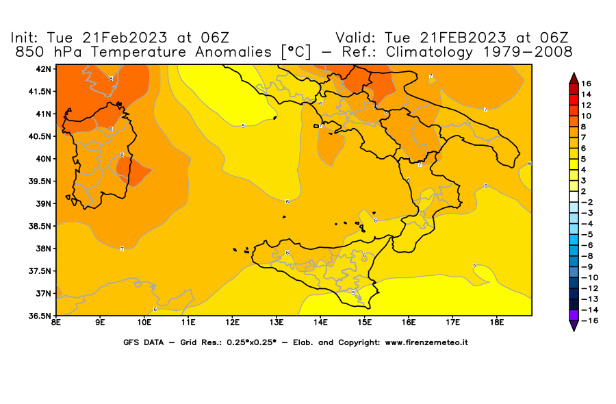 Mappa di analisi GFS - Anomalia Temperatura [°C] a 850 hPa in Sud-Italia
							del 21/02/2023 06 <!--googleoff: index-->UTC<!--googleon: index-->