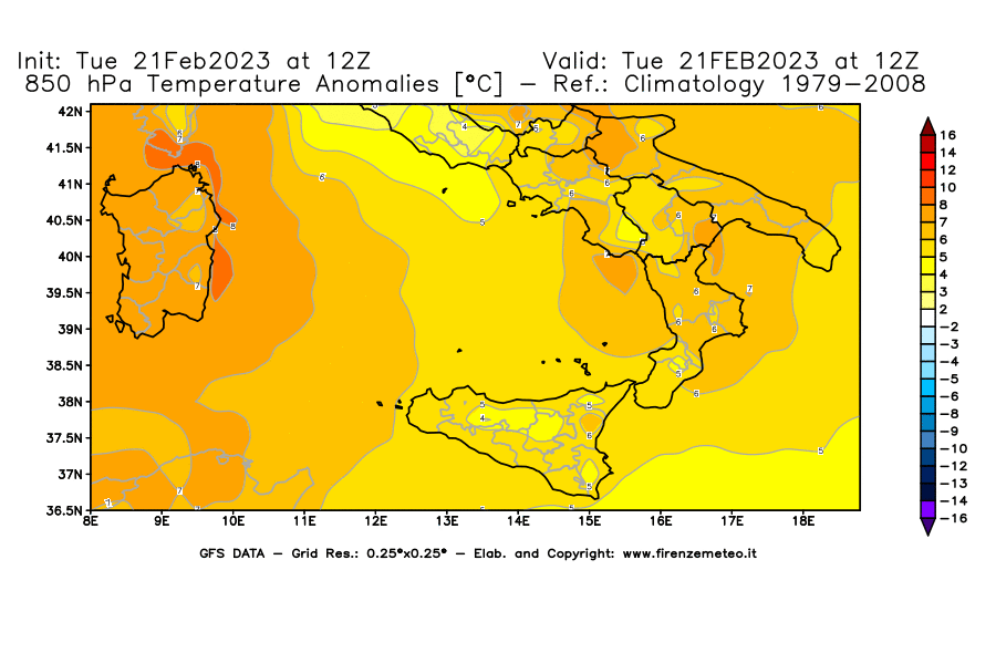 Mappa di analisi GFS - Anomalia Temperatura [°C] a 850 hPa in Sud-Italia
							del 21/02/2023 12 <!--googleoff: index-->UTC<!--googleon: index-->