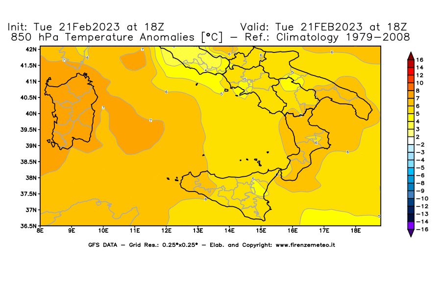 Mappa di analisi GFS - Anomalia Temperatura [°C] a 850 hPa in Sud-Italia
							del 21/02/2023 18 <!--googleoff: index-->UTC<!--googleon: index-->