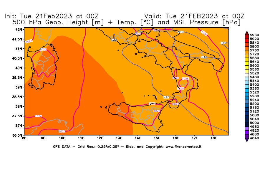 Mappa di analisi GFS - Geopotenziale [m] + Temp. [°C] a 500 hPa + Press. a livello del mare [hPa] in Sud-Italia
							del 21/02/2023 00 <!--googleoff: index-->UTC<!--googleon: index-->