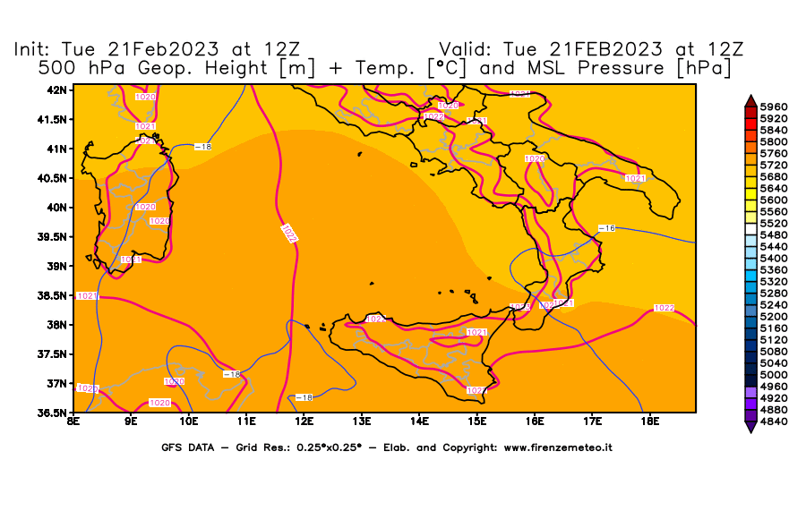 Mappa di analisi GFS - Geopotenziale [m] + Temp. [°C] a 500 hPa + Press. a livello del mare [hPa] in Sud-Italia
							del 21/02/2023 12 <!--googleoff: index-->UTC<!--googleon: index-->