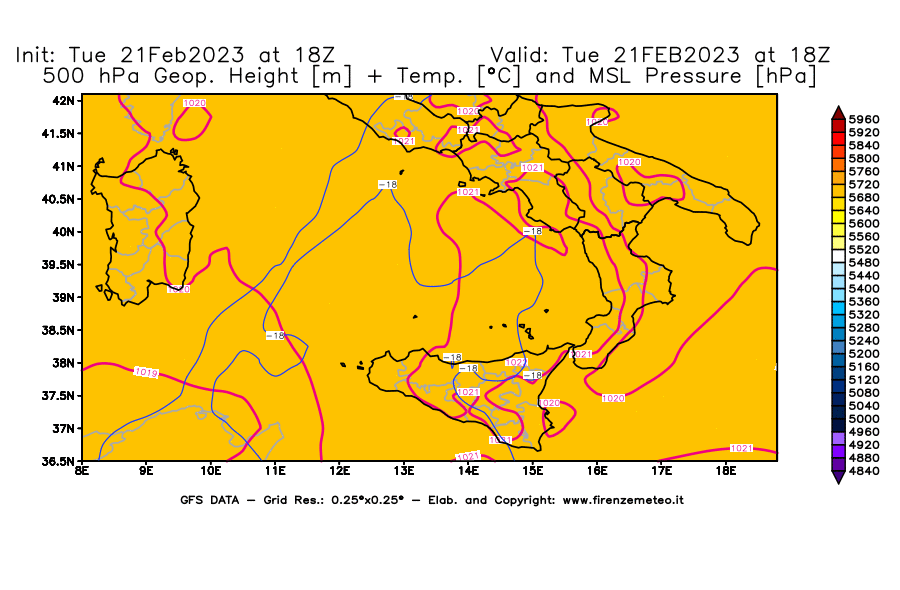 Mappa di analisi GFS - Geopotenziale [m] + Temp. [°C] a 500 hPa + Press. a livello del mare [hPa] in Sud-Italia
							del 21/02/2023 18 <!--googleoff: index-->UTC<!--googleon: index-->