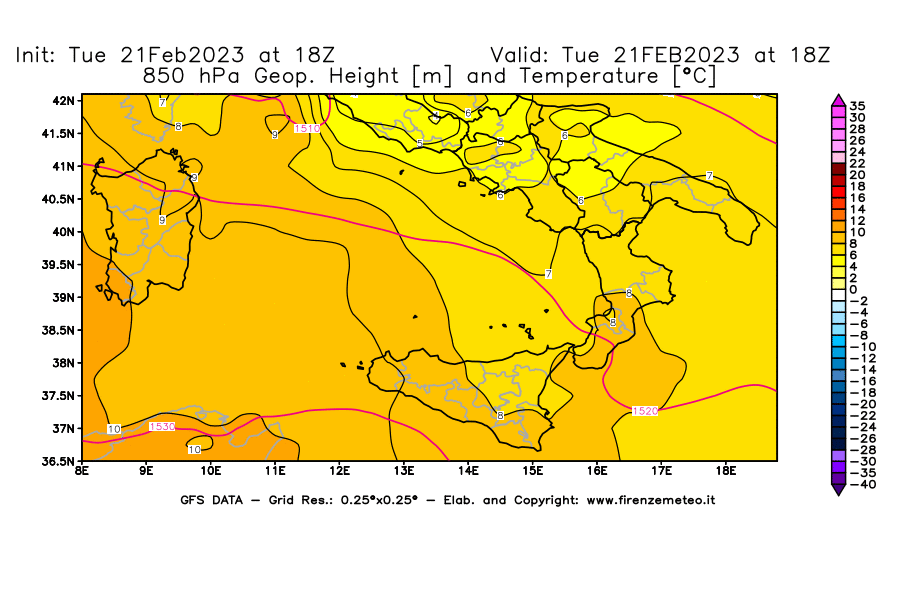 Mappa di analisi GFS - Geopotenziale [m] e Temperatura [°C] a 850 hPa in Sud-Italia
							del 21/02/2023 18 <!--googleoff: index-->UTC<!--googleon: index-->