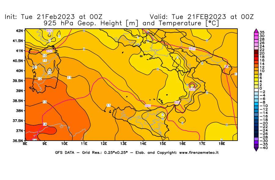 Mappa di analisi GFS - Geopotenziale [m] e Temperatura [°C] a 925 hPa in Sud-Italia
							del 21/02/2023 00 <!--googleoff: index-->UTC<!--googleon: index-->