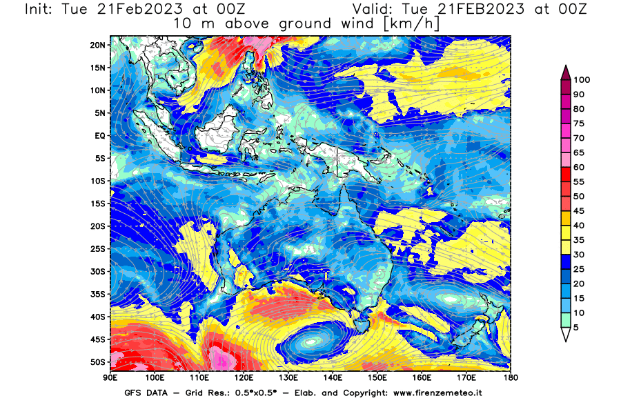Mappa di analisi GFS - Velocità del vento a 10 metri dal suolo [km/h] in Oceania
							del 21/02/2023 00 <!--googleoff: index-->UTC<!--googleon: index-->