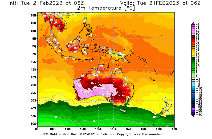 Mappa di analisi GFS - Temperatura a 2 metri dal suolo [°C] in Oceania
							del 21/02/2023 06 <!--googleoff: index-->UTC<!--googleon: index-->