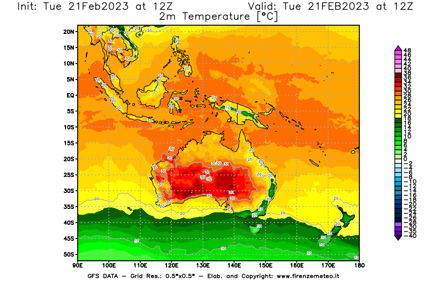 Mappa di analisi GFS - Temperatura a 2 metri dal suolo [°C] in Oceania
							del 21/02/2023 12 <!--googleoff: index-->UTC<!--googleon: index-->