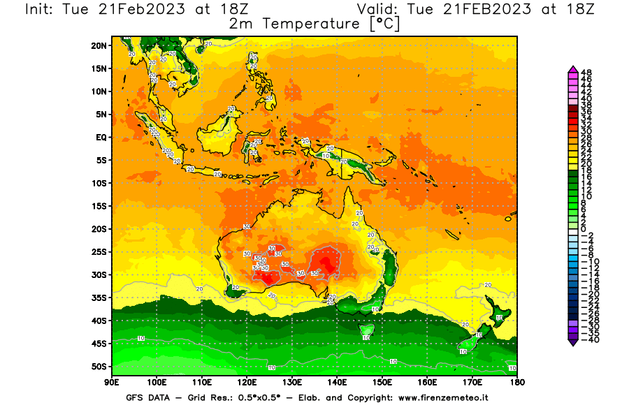 Mappa di analisi GFS - Temperatura a 2 metri dal suolo [°C] in Oceania
							del 21/02/2023 18 <!--googleoff: index-->UTC<!--googleon: index-->