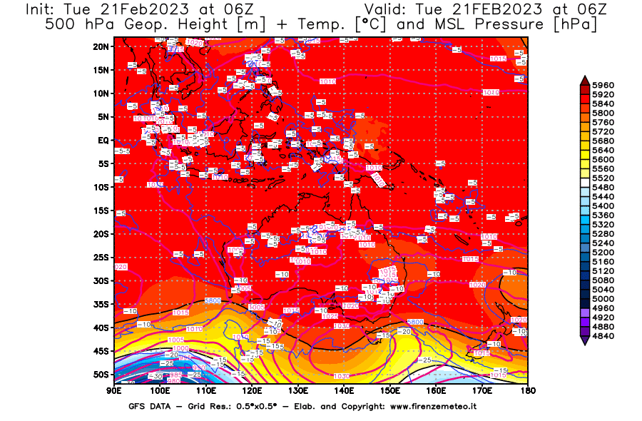 Mappa di analisi GFS - Geopotenziale [m] + Temp. [°C] a 500 hPa + Press. a livello del mare [hPa] in Oceania
							del 21/02/2023 06 <!--googleoff: index-->UTC<!--googleon: index-->