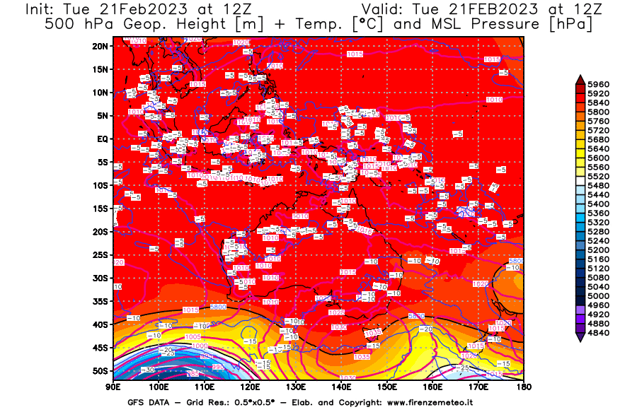 Mappa di analisi GFS - Geopotenziale [m] + Temp. [°C] a 500 hPa + Press. a livello del mare [hPa] in Oceania
							del 21/02/2023 12 <!--googleoff: index-->UTC<!--googleon: index-->