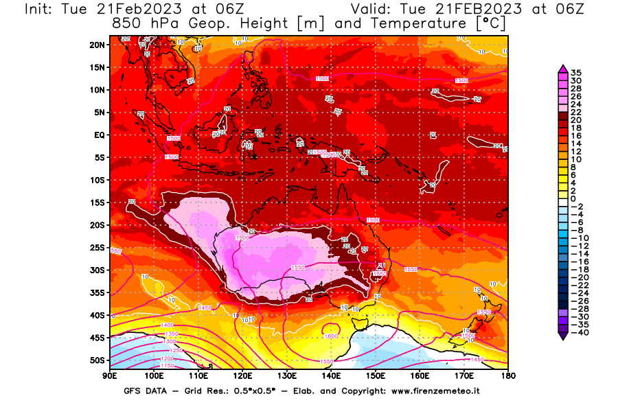Mappa di analisi GFS - Geopotenziale [m] e Temperatura [°C] a 850 hPa in Oceania
							del 21/02/2023 06 <!--googleoff: index-->UTC<!--googleon: index-->